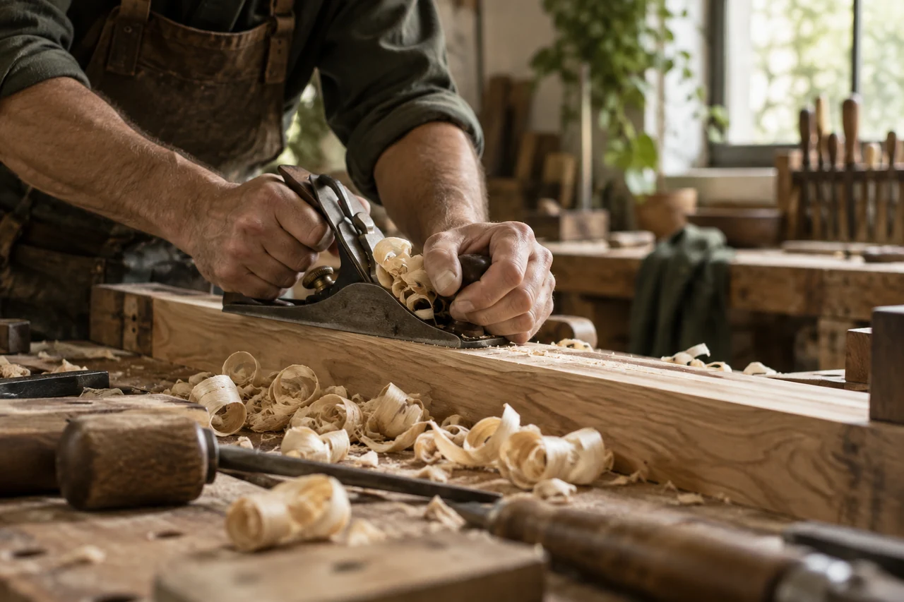 Mains d’un artisan travaillant le bois