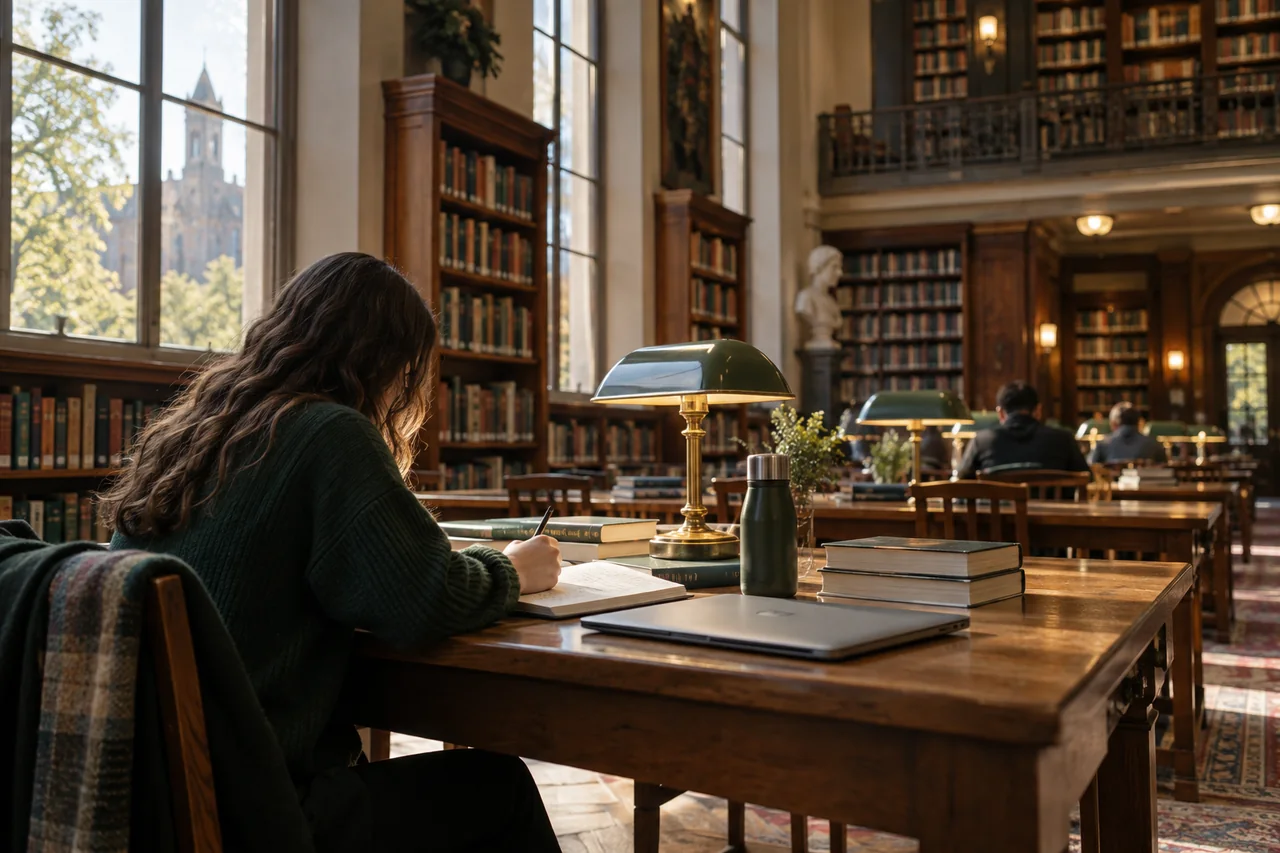 Personne étudiant dans une bibliothèque