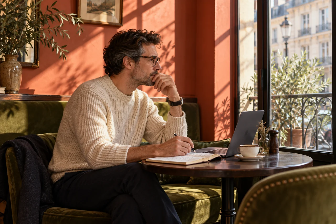 Professionnel écrivant dans un carnet près de la fenêtre d’un café