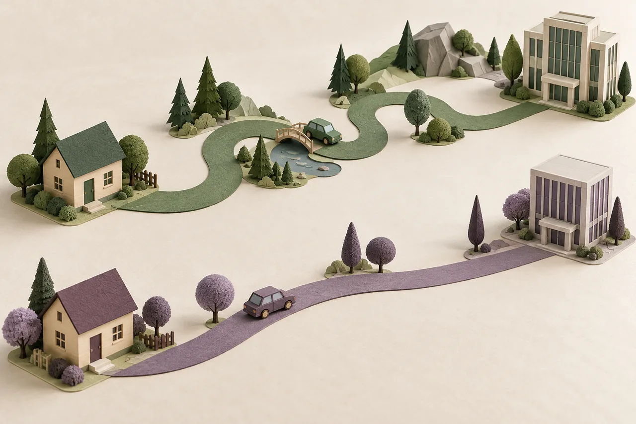 Maquette décorative générée : deux trajets en papier relient des maisons à des lieux de travail