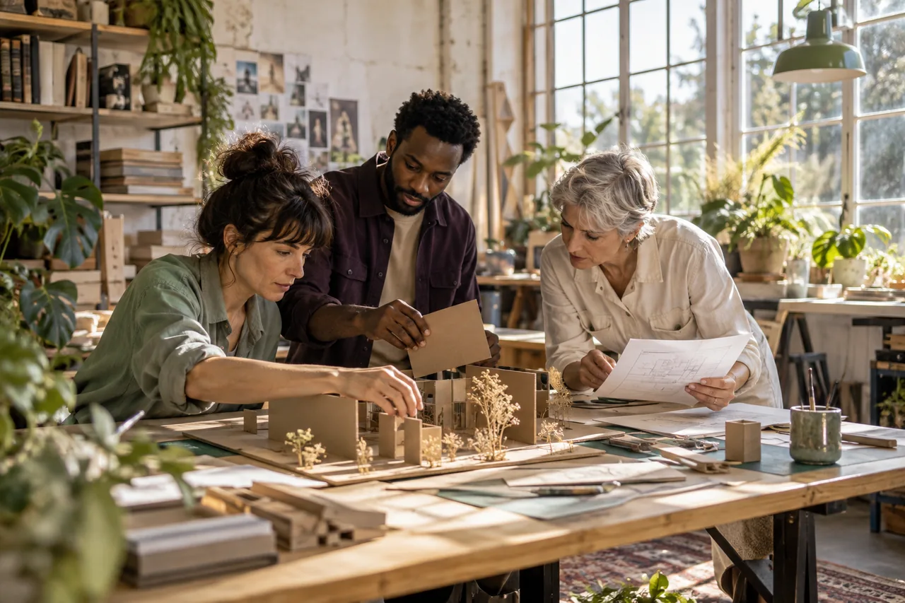 Illustration générée : trois adultes fabriquent ensemble une maquette dans un atelier lumineux