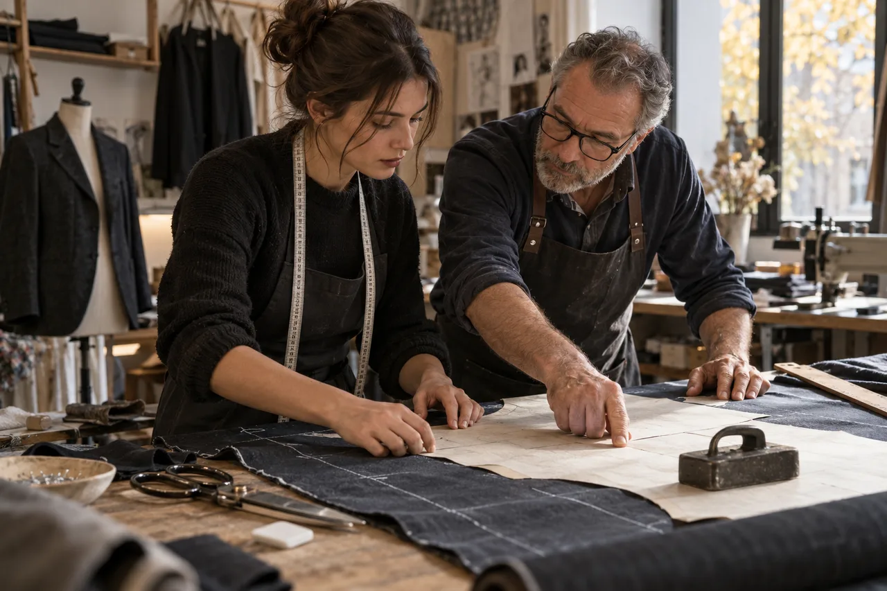Illustration générée : apprenti et mentor dans un atelier de couture