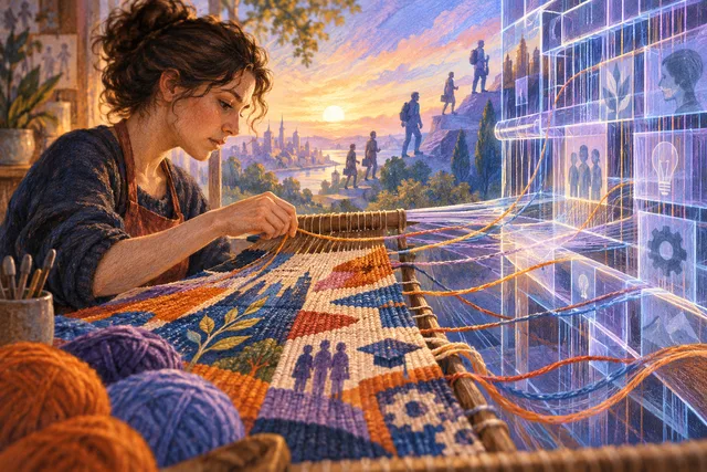 Illustration générée : geste humain et trame algorithmique pour les métiers qui évoluent