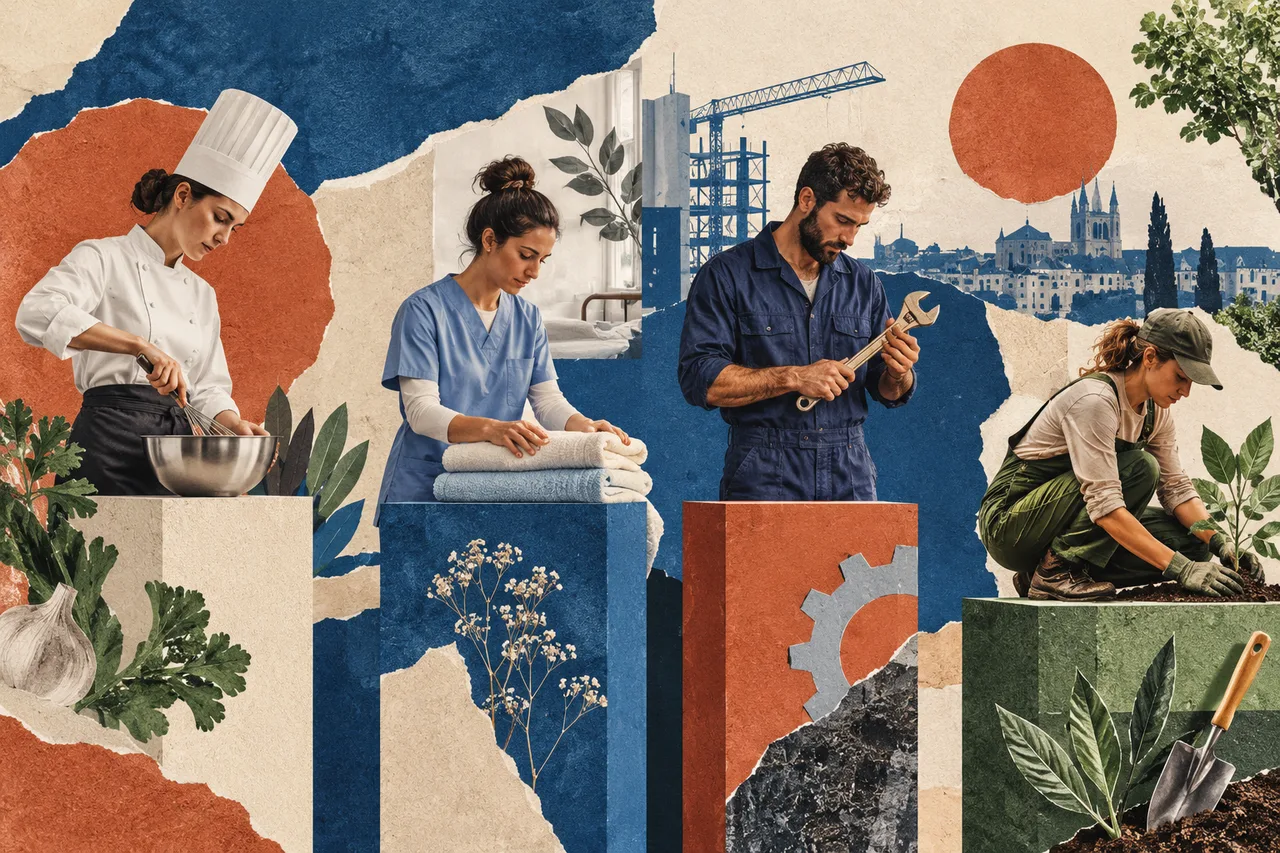 Illustration générée : outils évoquant plusieurs secteurs qui recrutent
