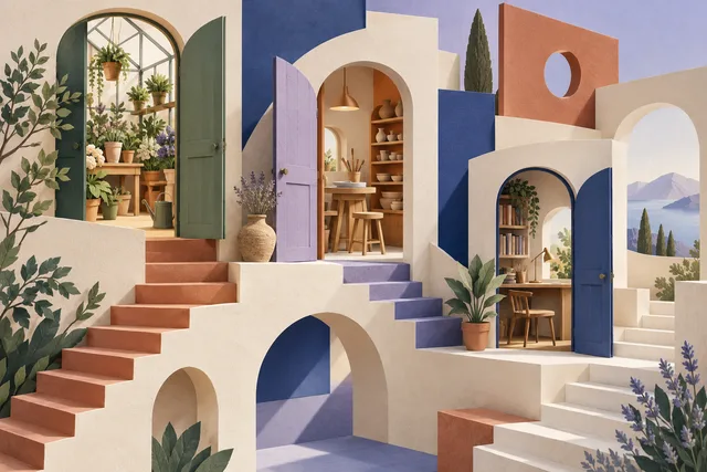 Illustration générée : portes et escaliers en papier ouvrant sur plusieurs activités