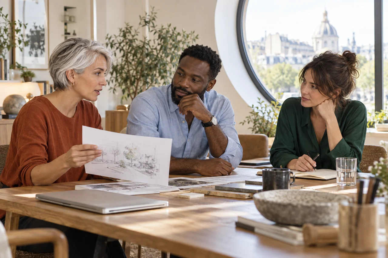 Trois collègues échangeant autour d’une table de travail