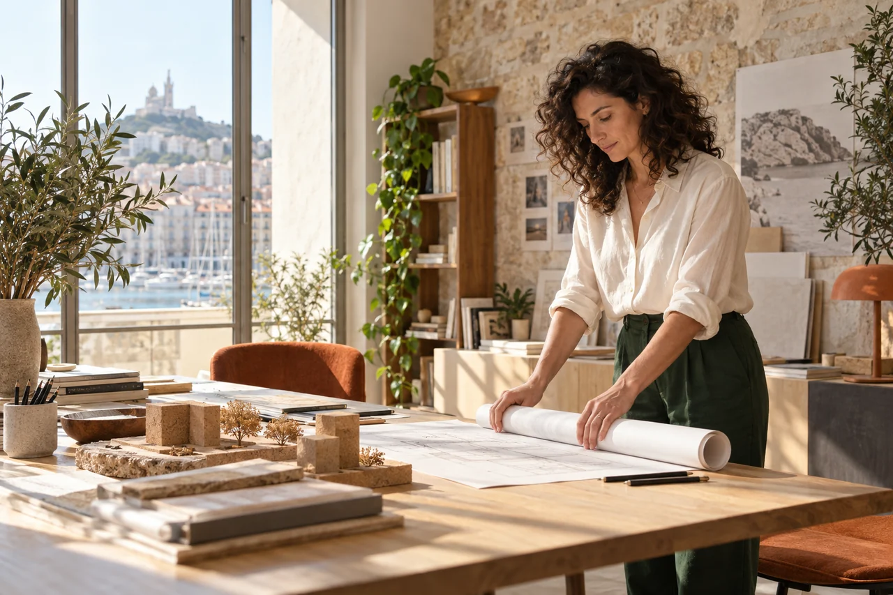 Créatrice travaillant sur une maquette dans un atelier lumineux