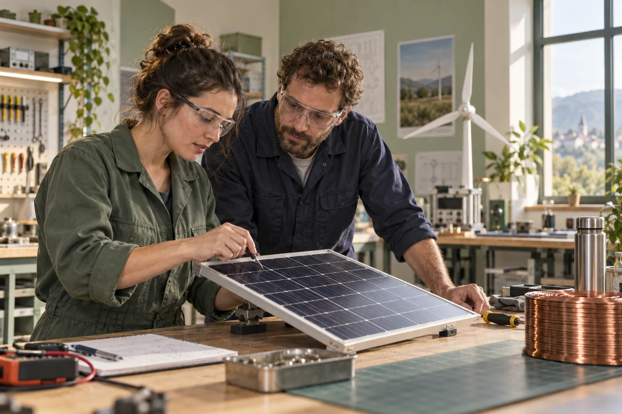 Deux techniciens examinant un panneau solaire dans un atelier